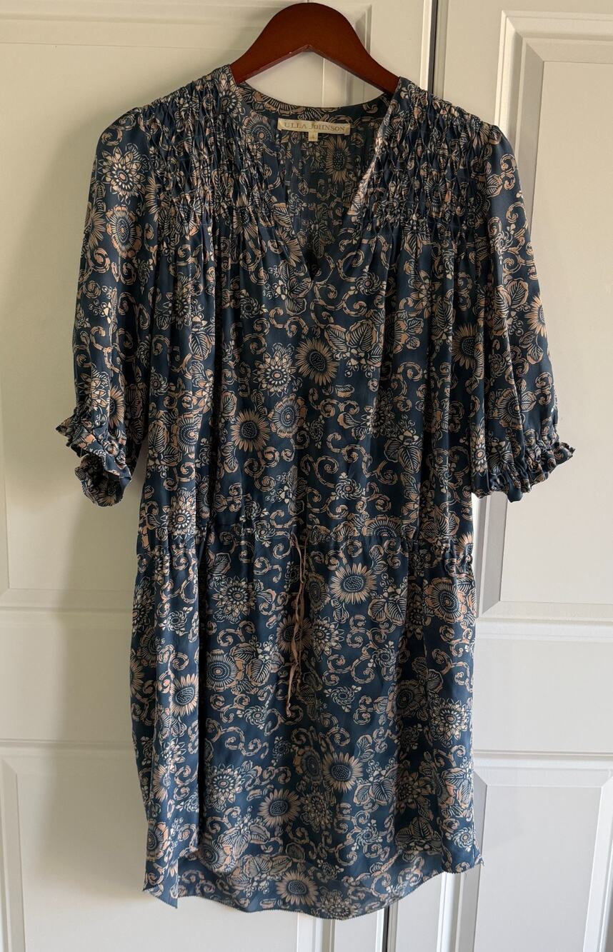 Ulla Johnson Dress 100% Silk Floral Boho Pintuck Puff Sleeve Midi Blue Size 6